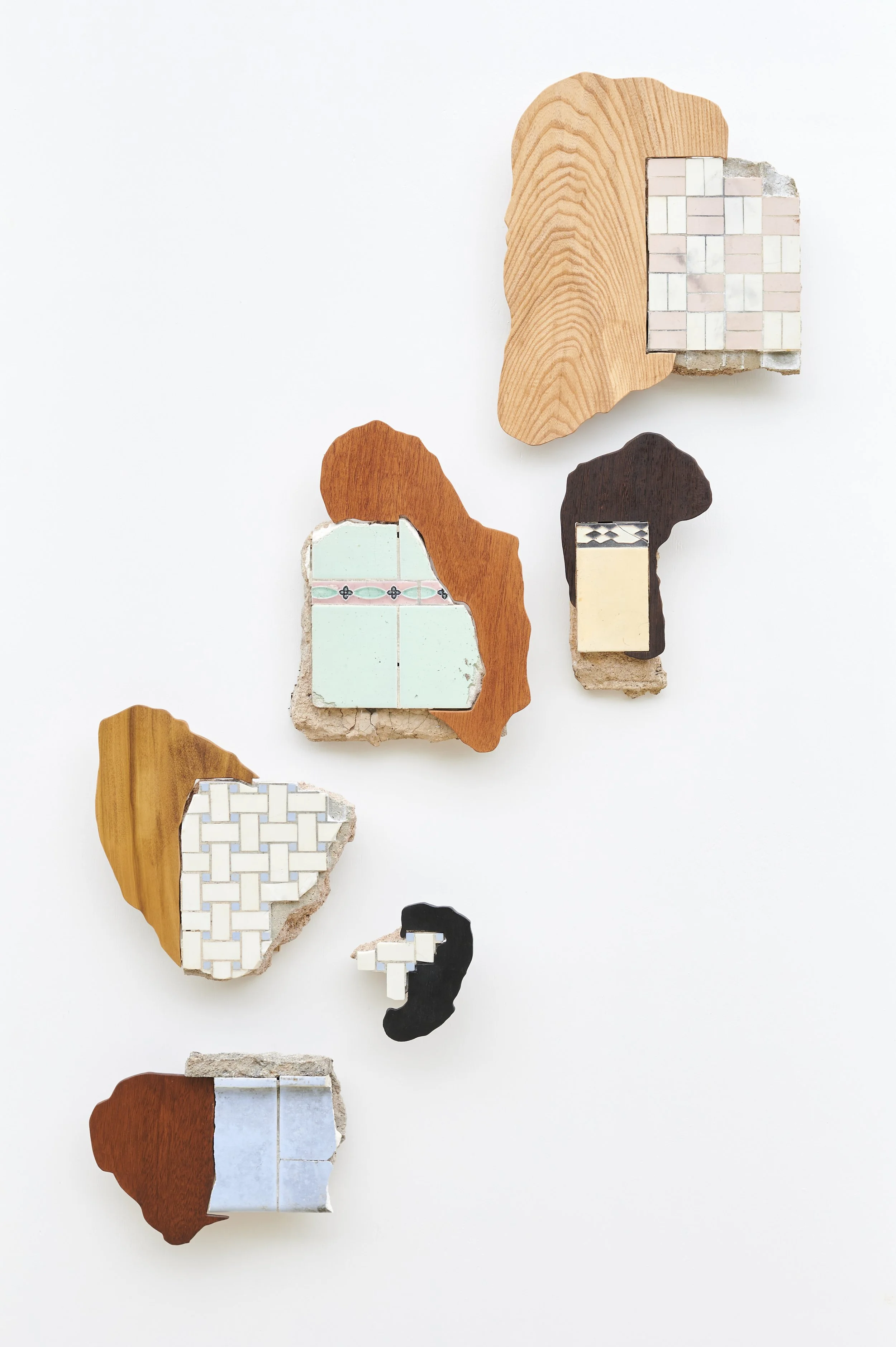 Archipelago, 2025. Salvaged tile chunks, various wood species.
