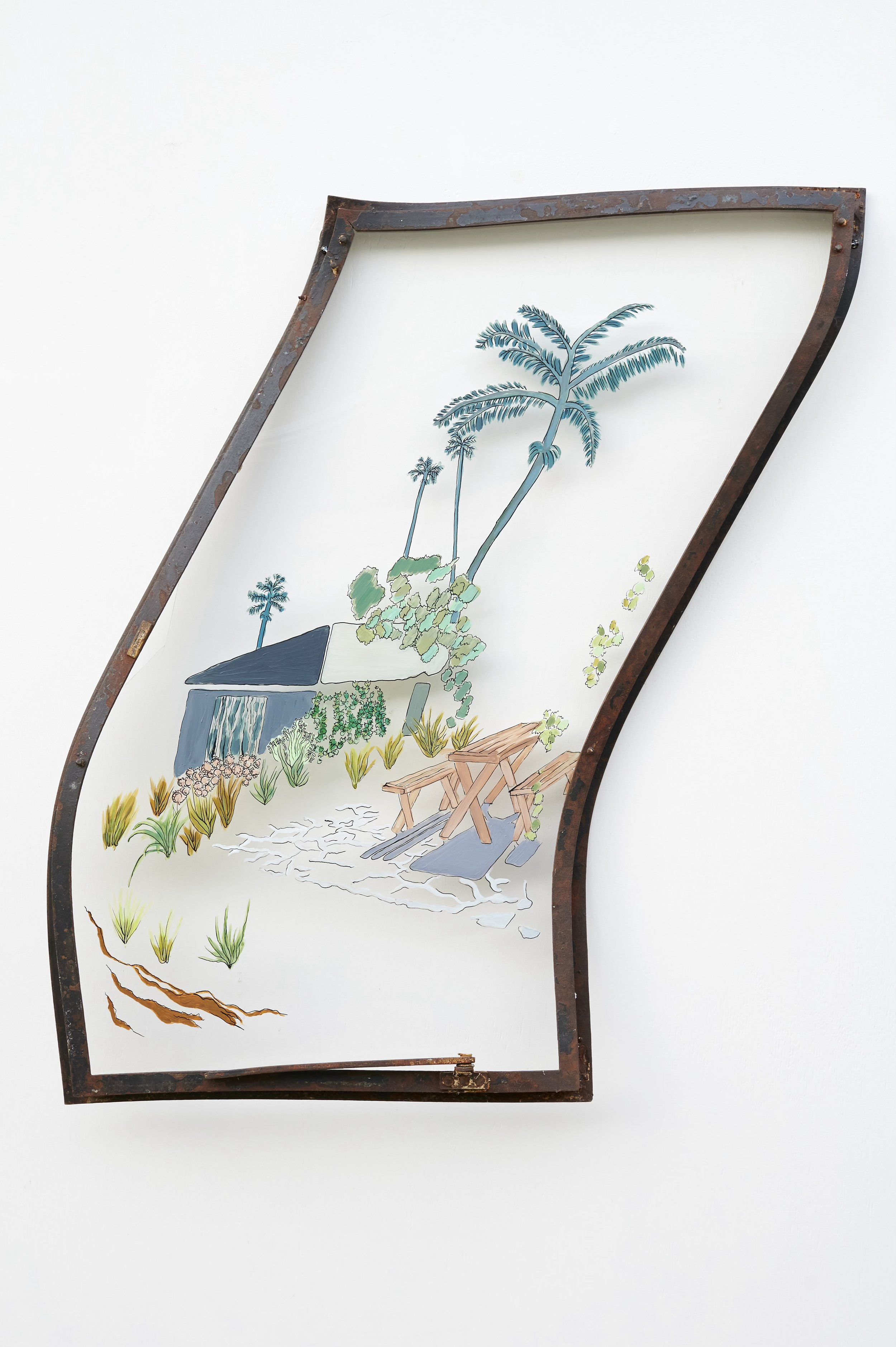 Paradise Evacuated, 2026. Salvaged steel window, acrylic, acrylic panel.