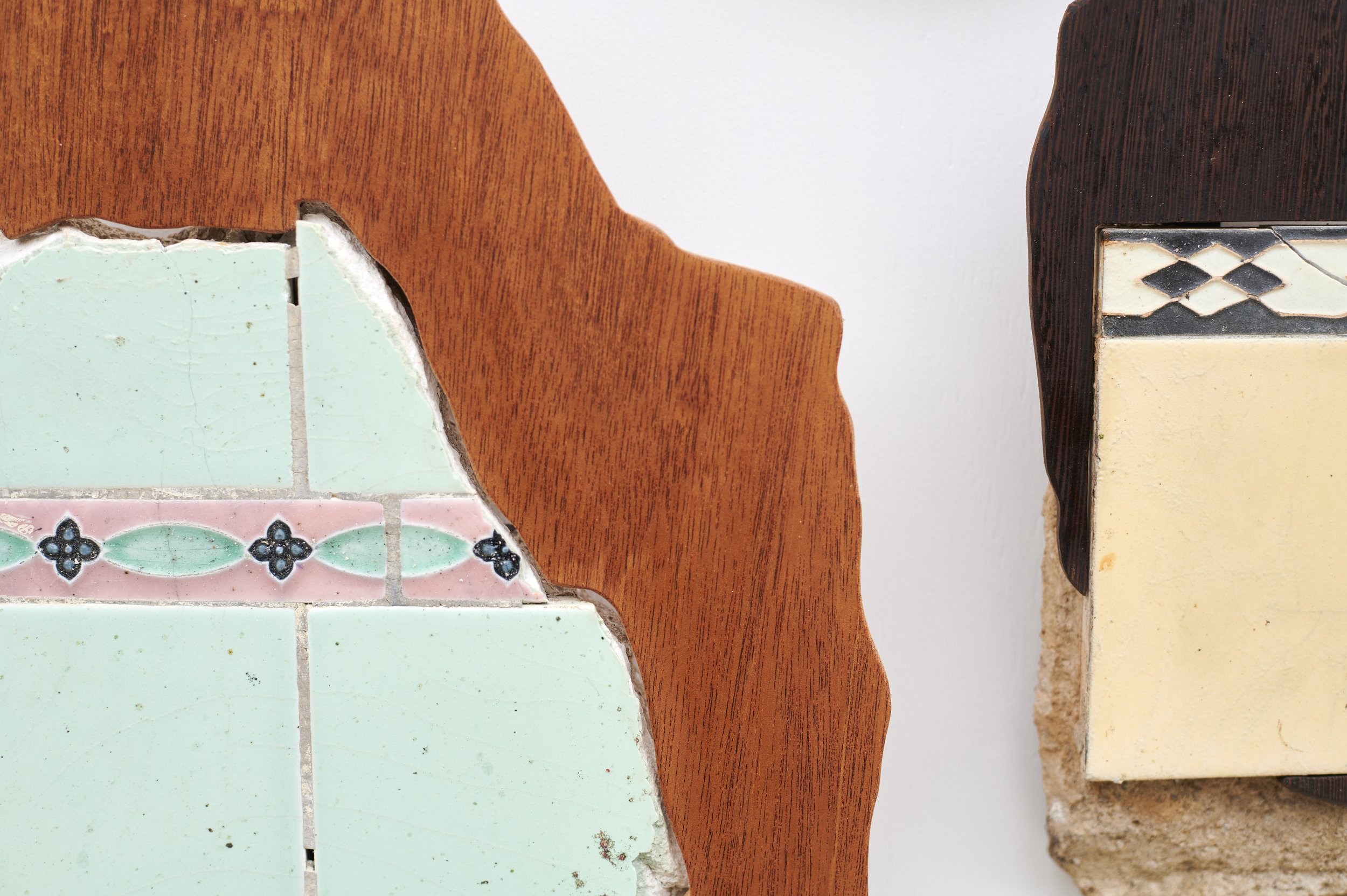 Archipelago (detail), 2025. Salvaged tile chunks, various wood species.