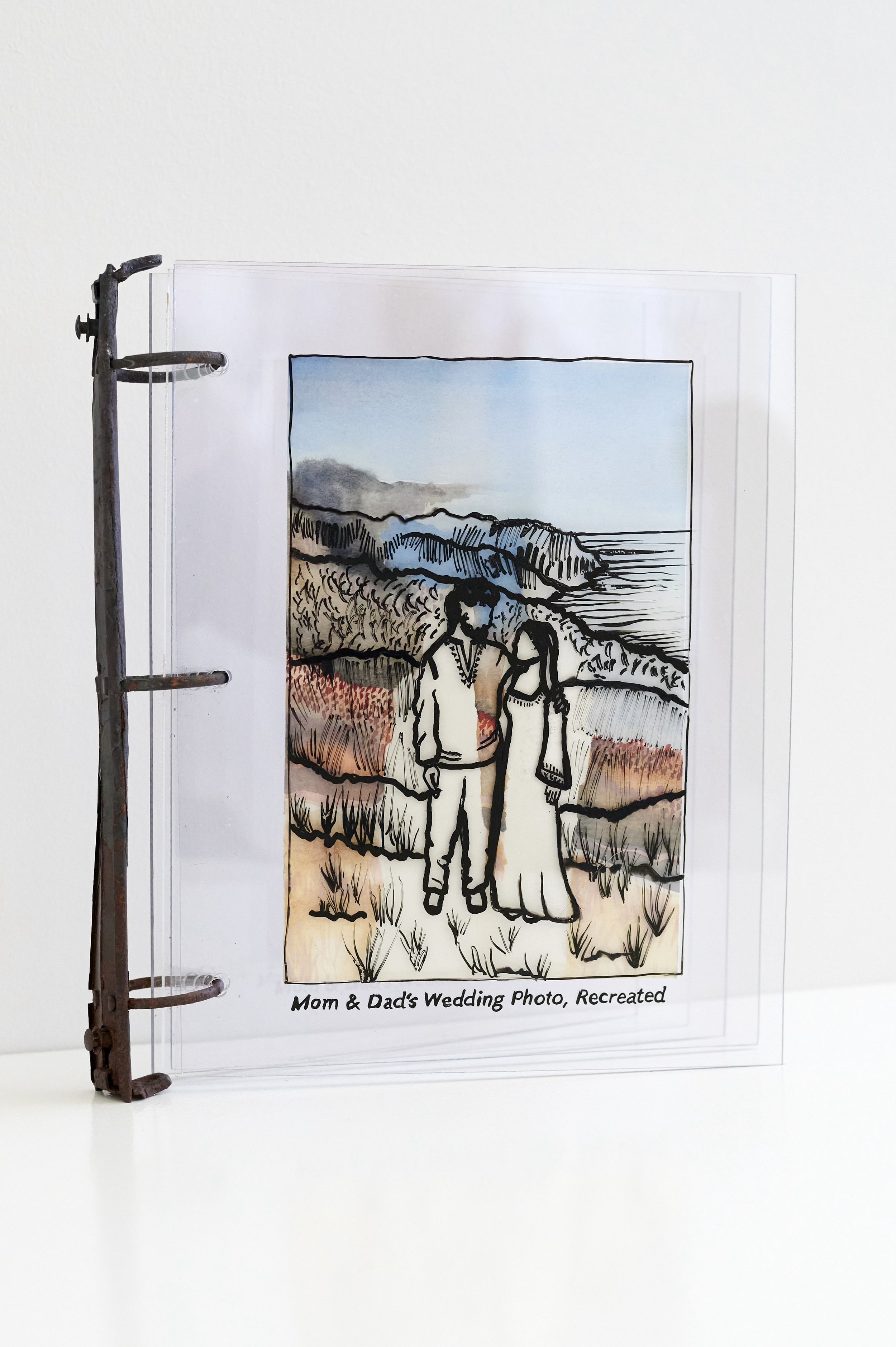Family Photo Album, 2026. Salvaged photo album spine, acrylic panel, acrylic marker, watercolor on paper.