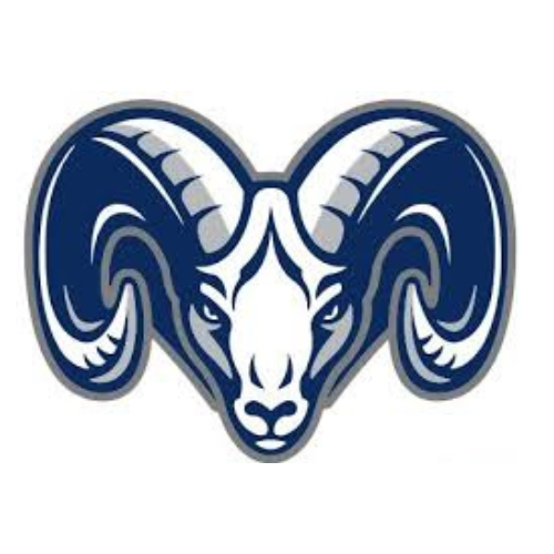 Logo of a ram's head with large, curved horns in blue and white.