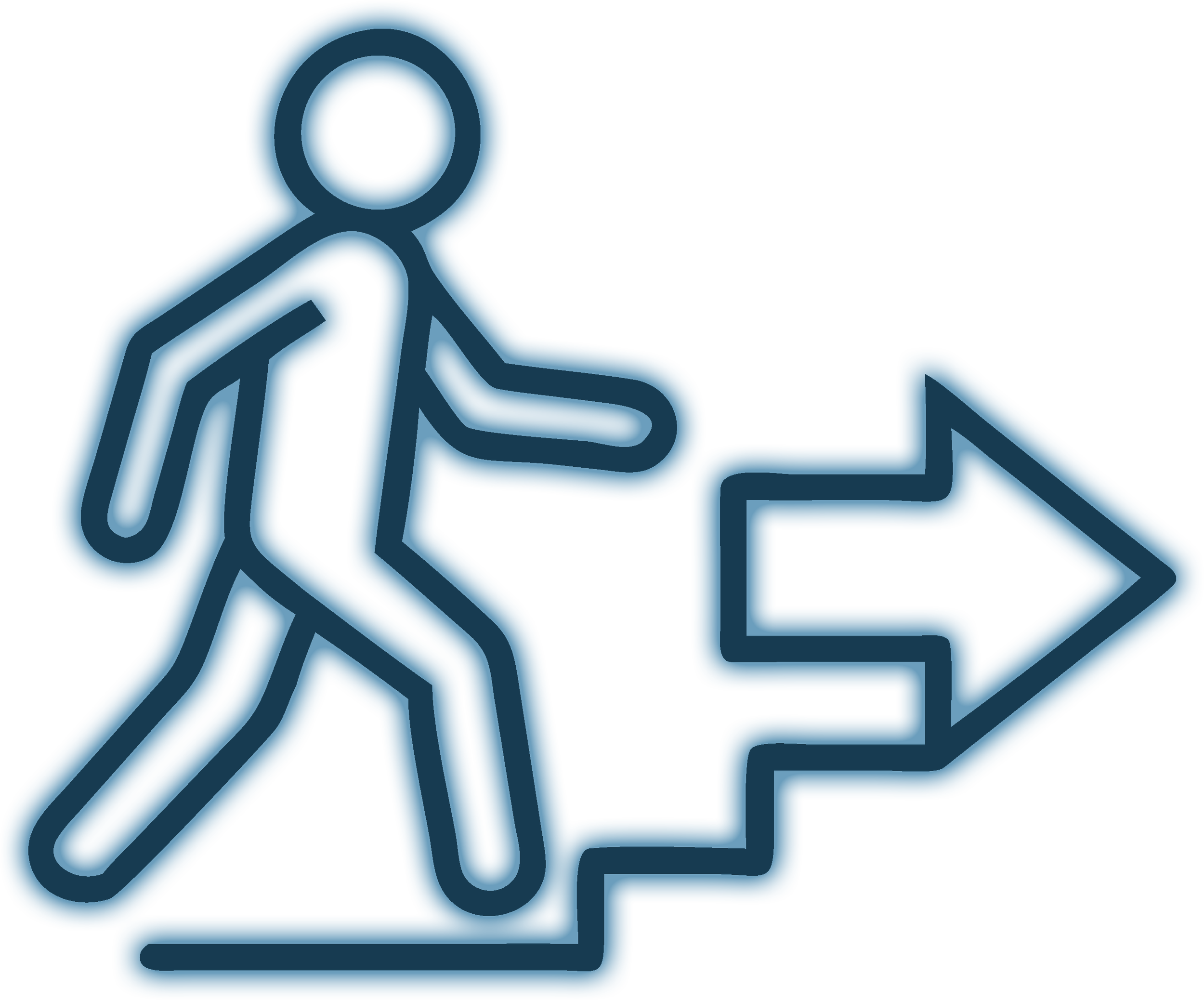 Line drawing of a person walking up stairs with an arrow pointing forward.