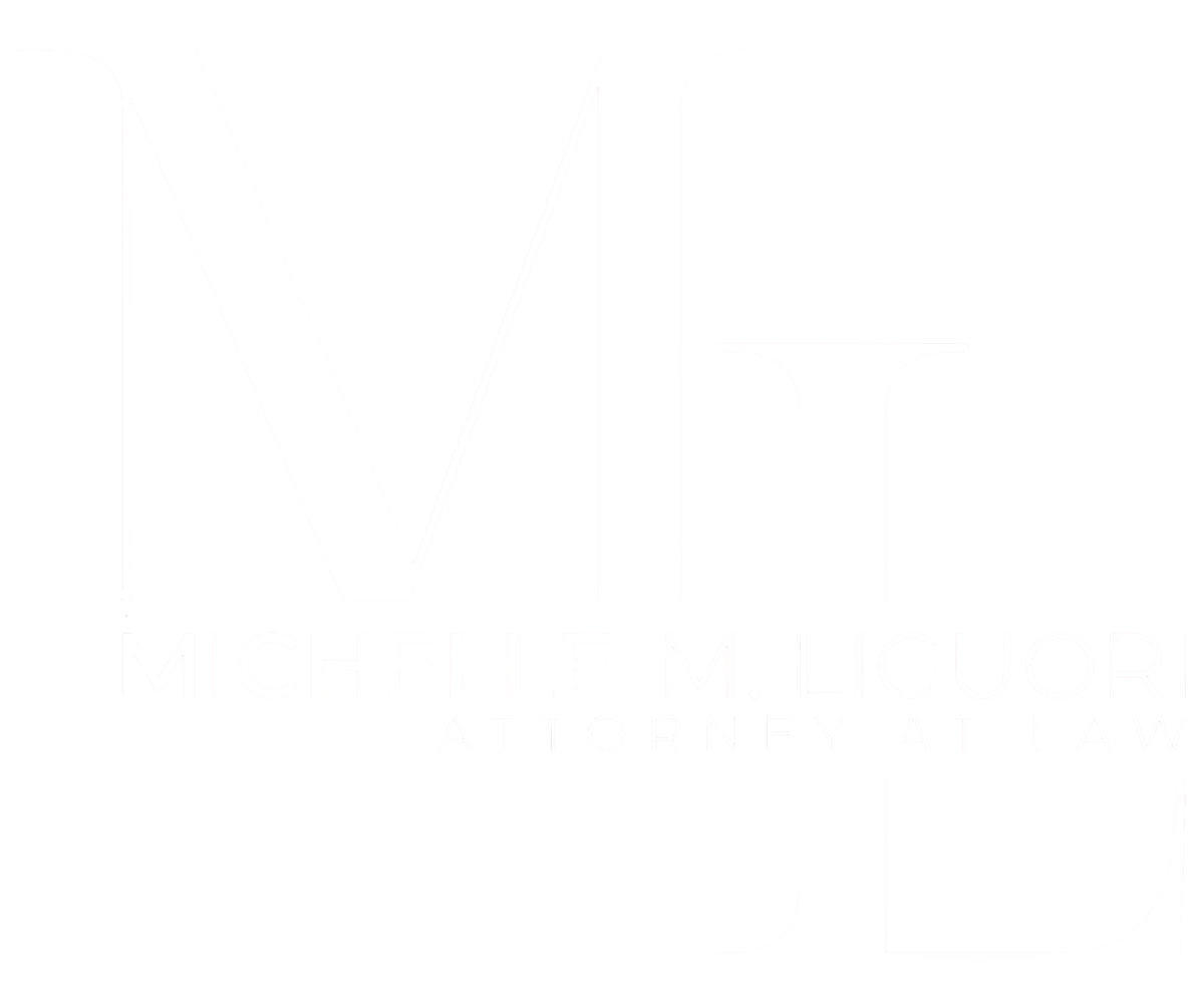 Logo for Michelle M. Liguori, Attorney at Law, featuring large white initials M and L on a black background with her full name and profession below.
