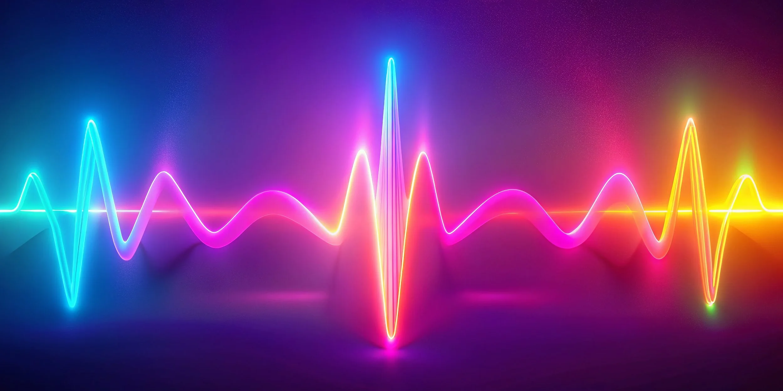 Colorful neon sound wave graph on a dark background, featuring peaks and valleys in shades of blue, pink, yellow, and purple.
