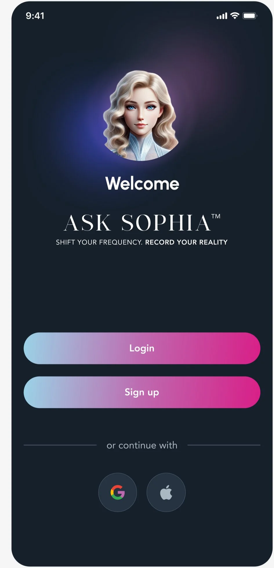 Login screen for ASK SOPHIA app featuring a woman with wavy blonde hair and blue eyes, with options to log in, sign up, or continue with Google or Apple.