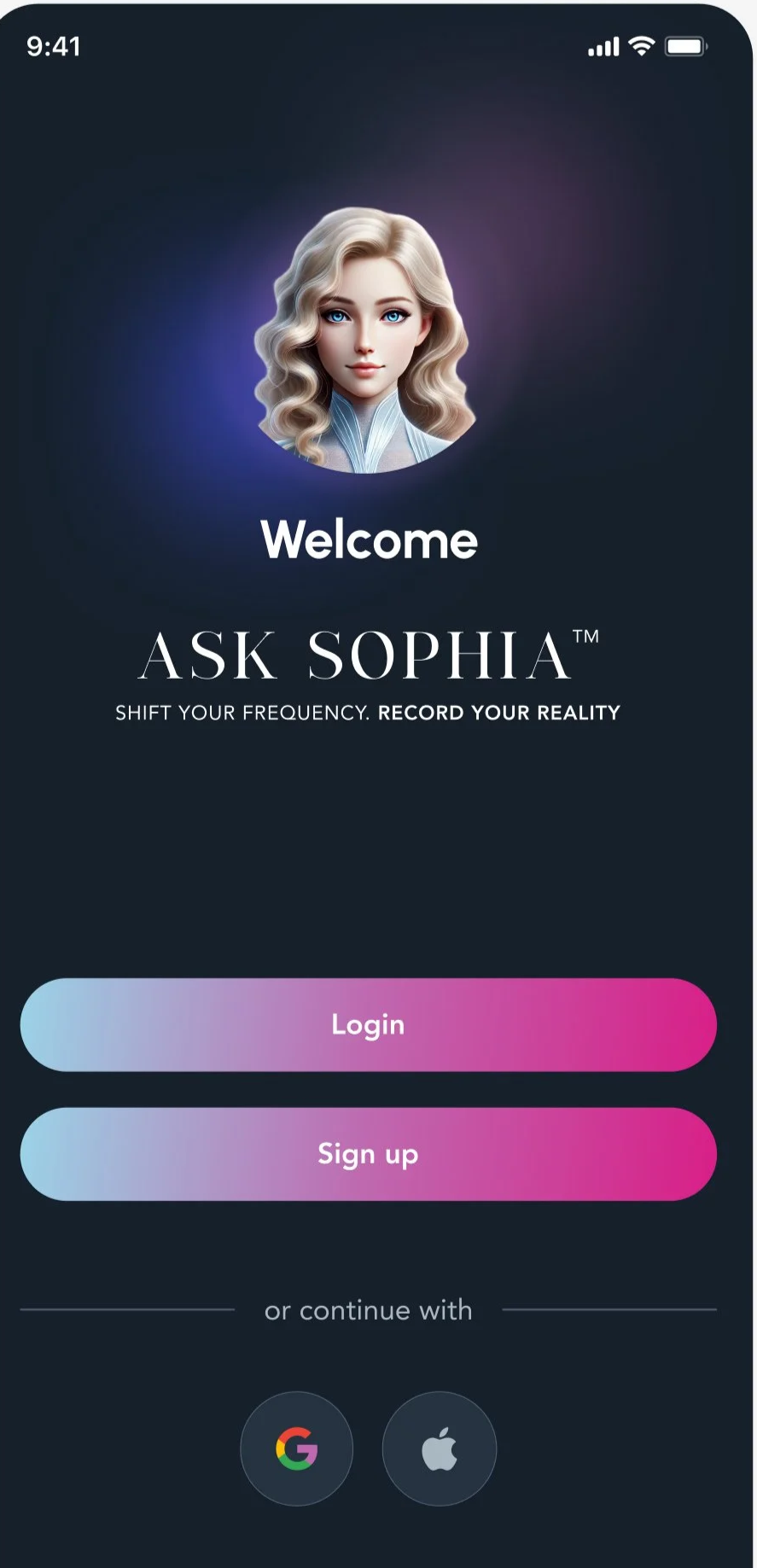 Mobile app login screen featuring a digital avatar of a woman with wavy blonde hair at the top, a welcome message, the app name 'Ask Sophia' with the tagline 'Shift Your Frequency. Record Your Reality,' and buttons for login and sign-up. The bottom has options to continue with Google or Apple accounts.