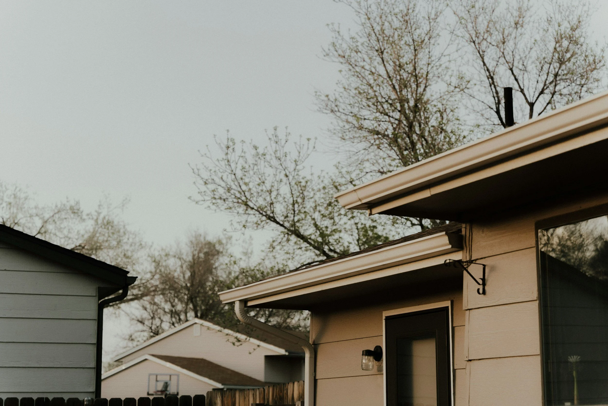 Residential backyard scene with houses, a fence, and leafless trees in a gray sky.