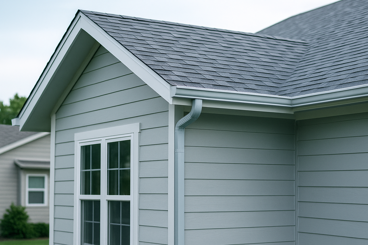 Close-up of the side of a house showing gray siding, window, and roof with shingles.