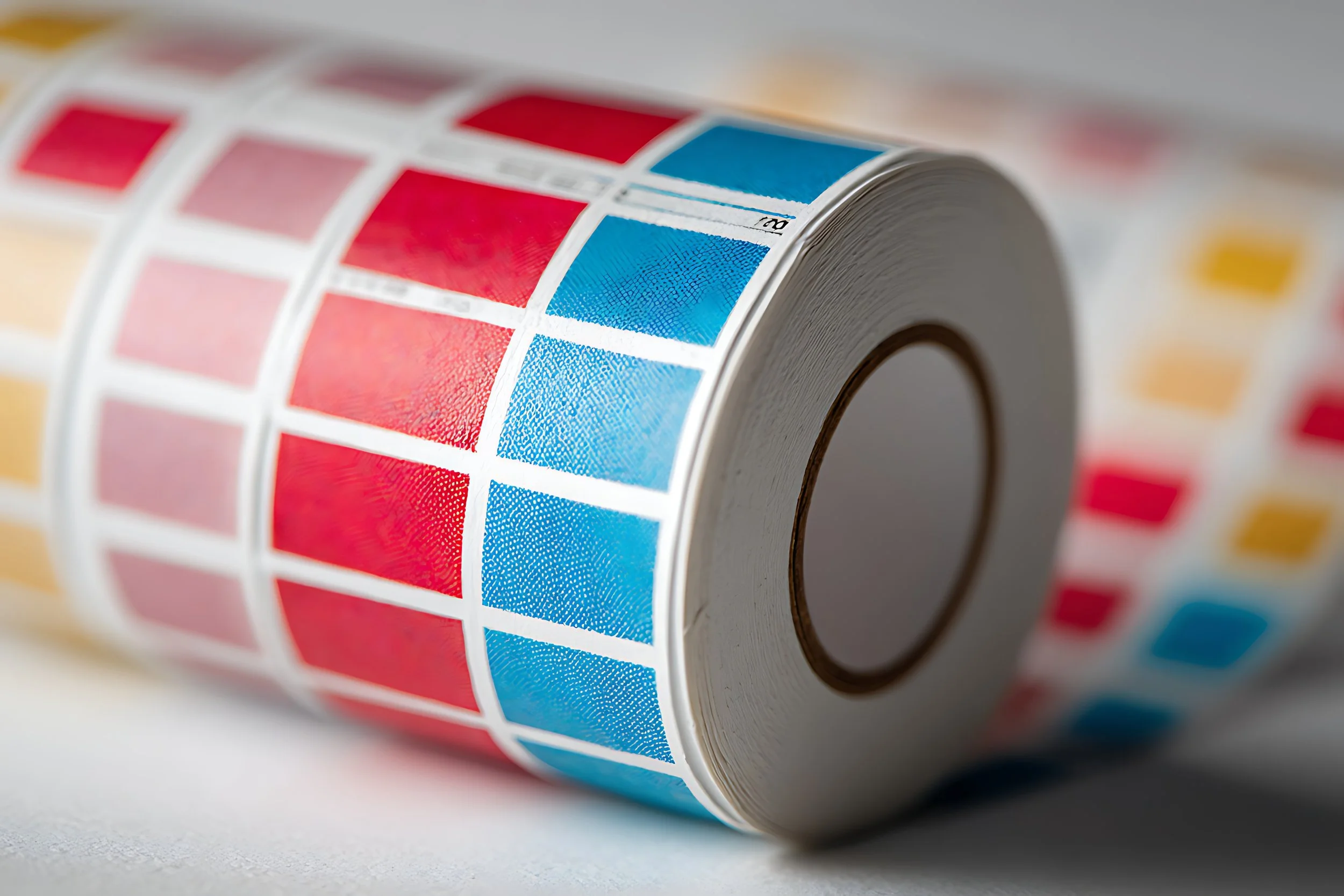 Close-up of a roll of color calibration stickers with red, pink, blue, and yellow swatches.