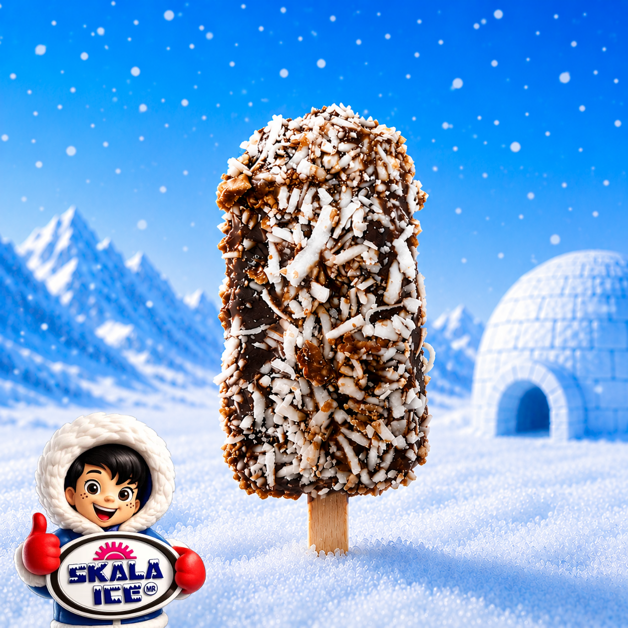 Paleta de leche sabor vainilla con cobertura de chocolate y coco rallado.