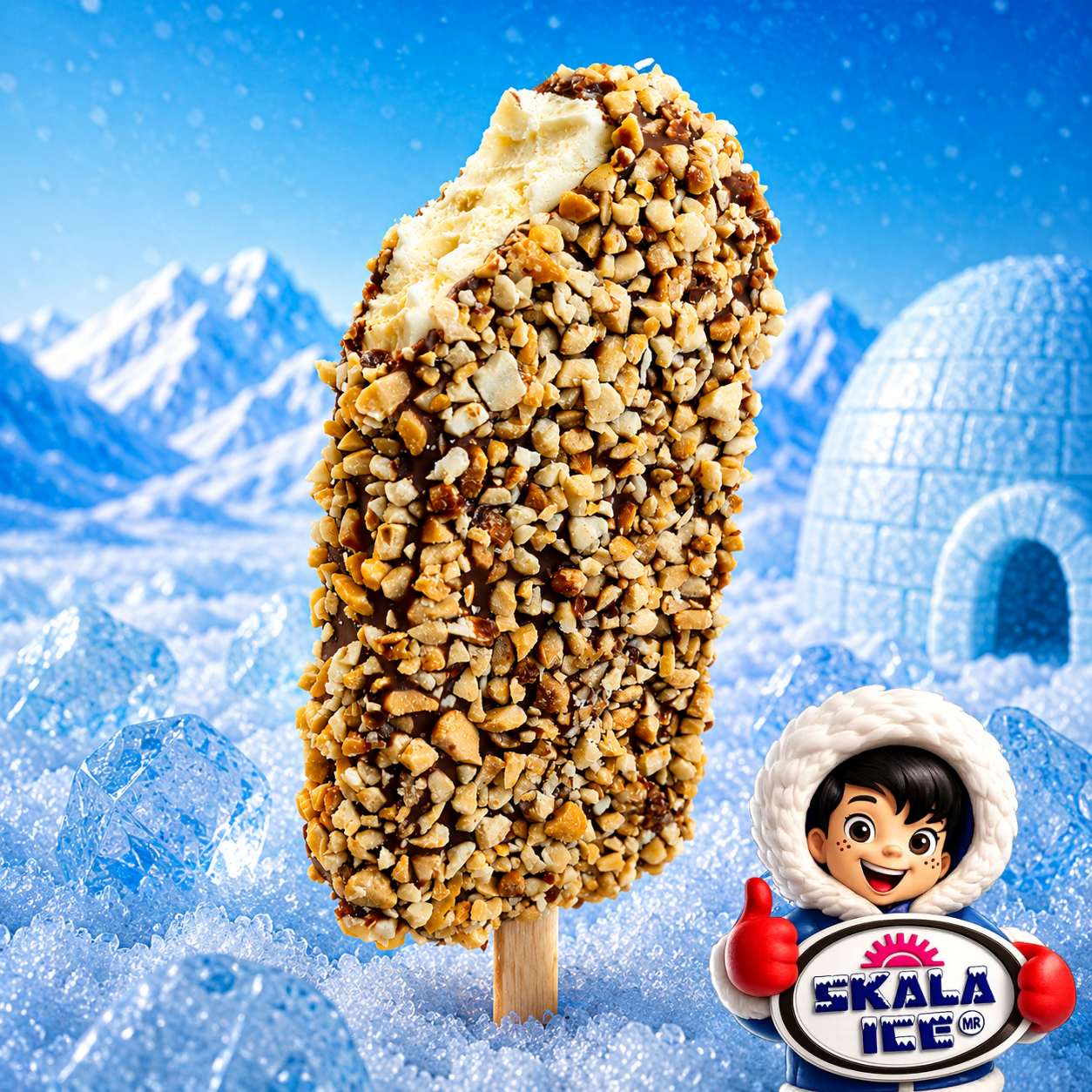 Paleta de leche sabor vainilla con cobertura de chocolate y cacahuate granillo tostado