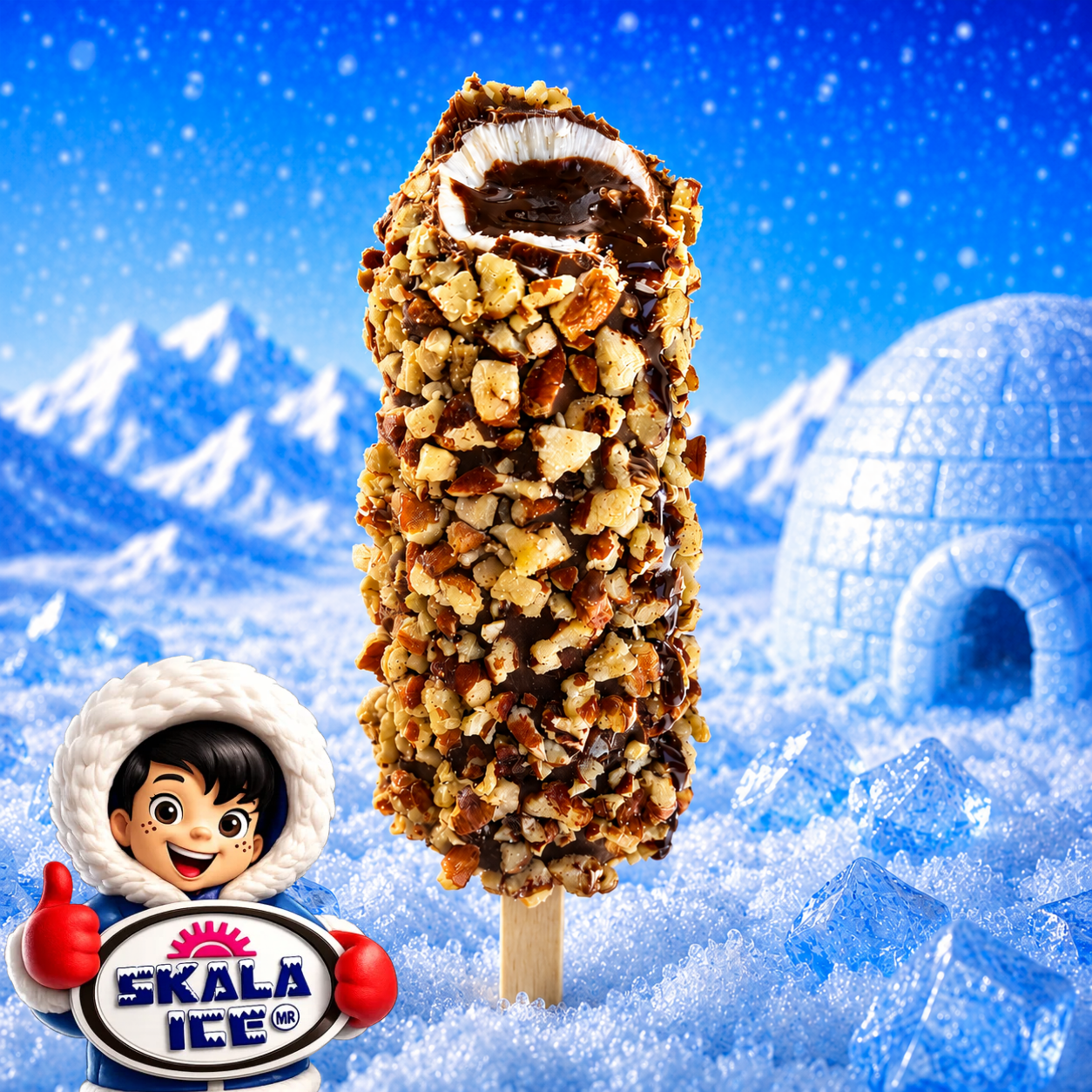 Paleta de crema sabor nuez rellena de delicioso sirope sabor chocolate con cobertura de chocolate y nuez granillo