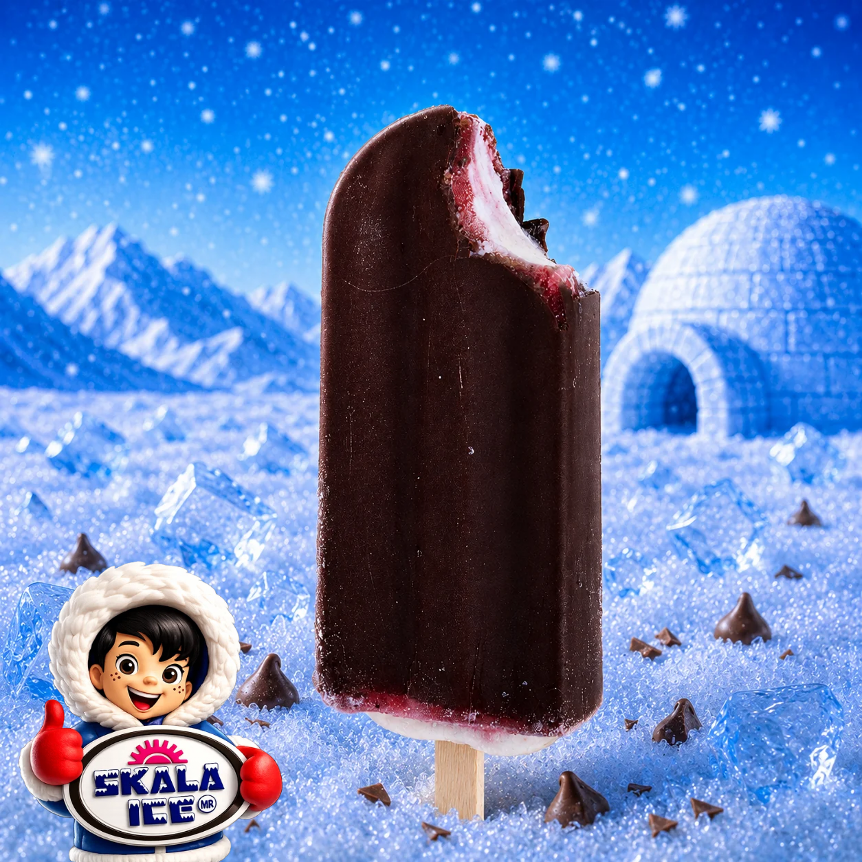 Paleta de fresa de agua rellena de helado de yogurt con cobertura de chocolate.