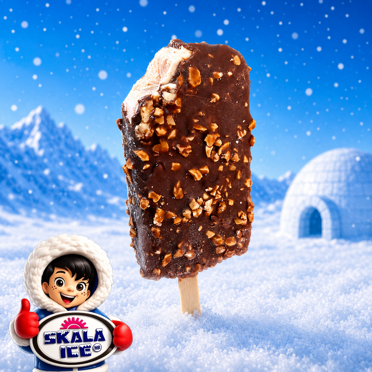 Paleta de leche sabor café con cobertura de chocolate y cacahuate granillo tostado.