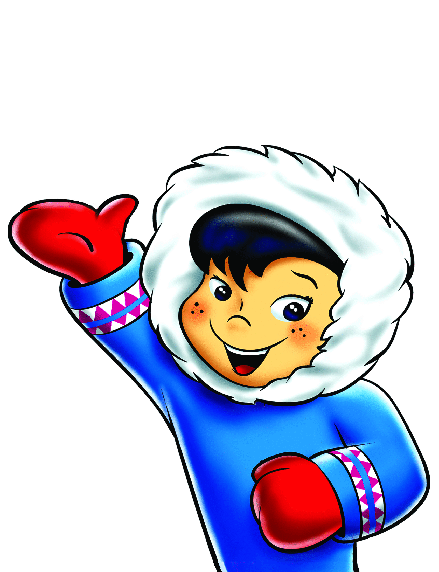 Ilustración de un niño con abrigo y guantes rojos, mirando con una expresión amistosa y guiñando un ojo, con fondo blanco.
