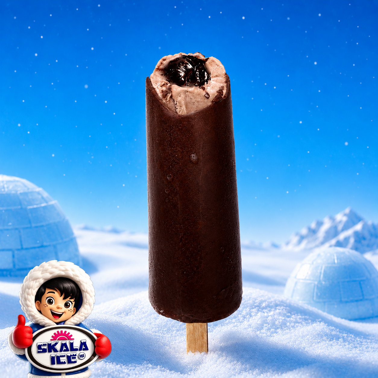 Paleta de leche sabor chocolate rellena de delicioso sirope de chocolate y con cobertura de chocolate.