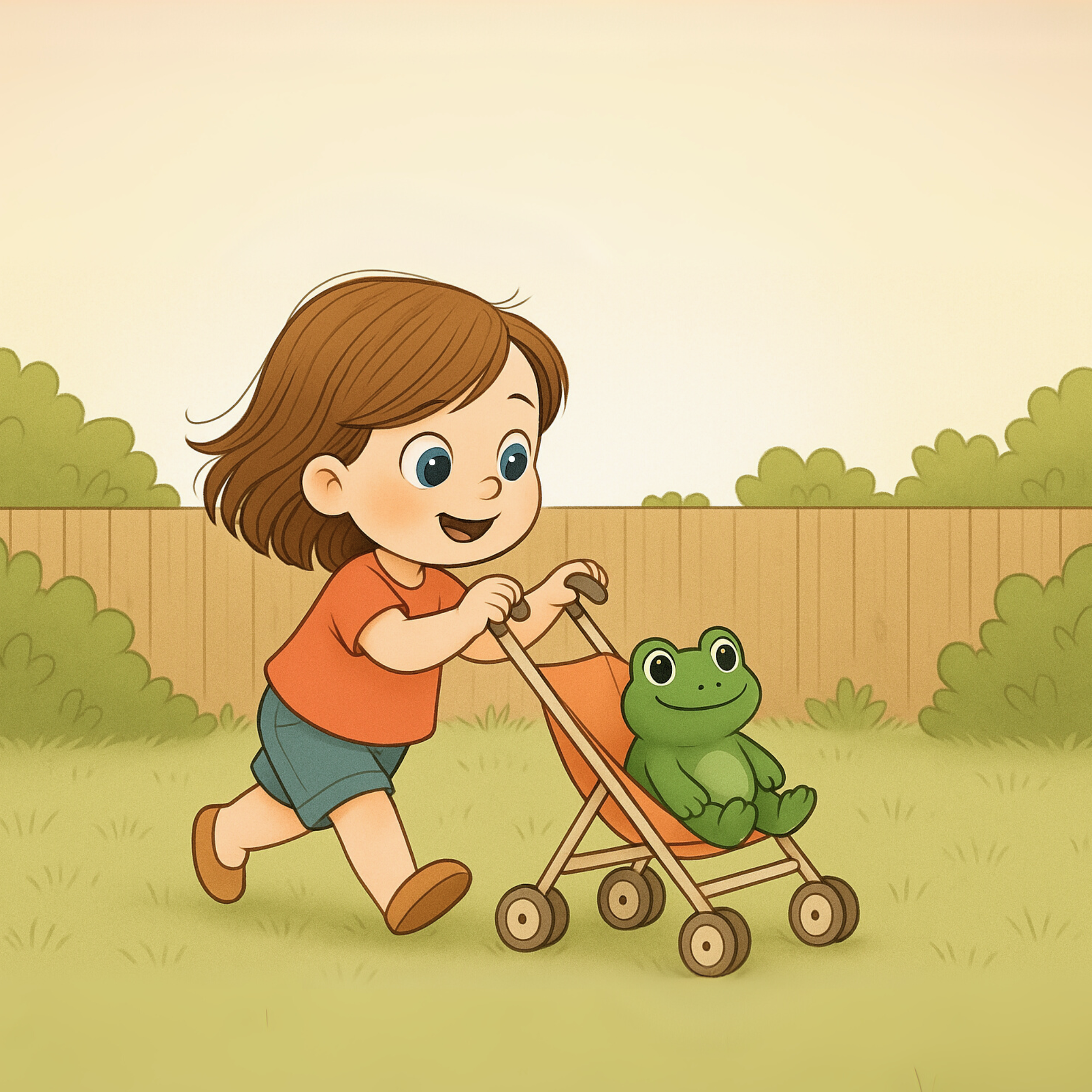A young girl with brown hair wearing an orange shirt and blue shorts pushes a toy stroller with a green plush frog inside on a grassy yard with bushes and a wooden fence in the background.