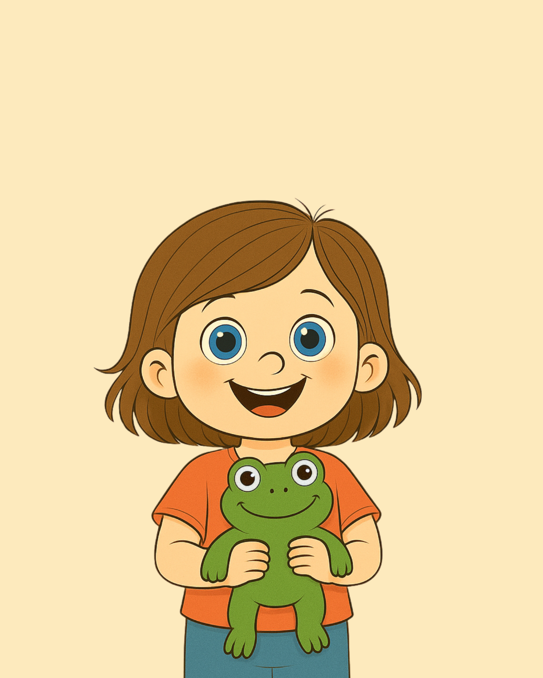 A cartoon girl with brown hair, blue eyes, and a big smile holding a green frog plush toy.