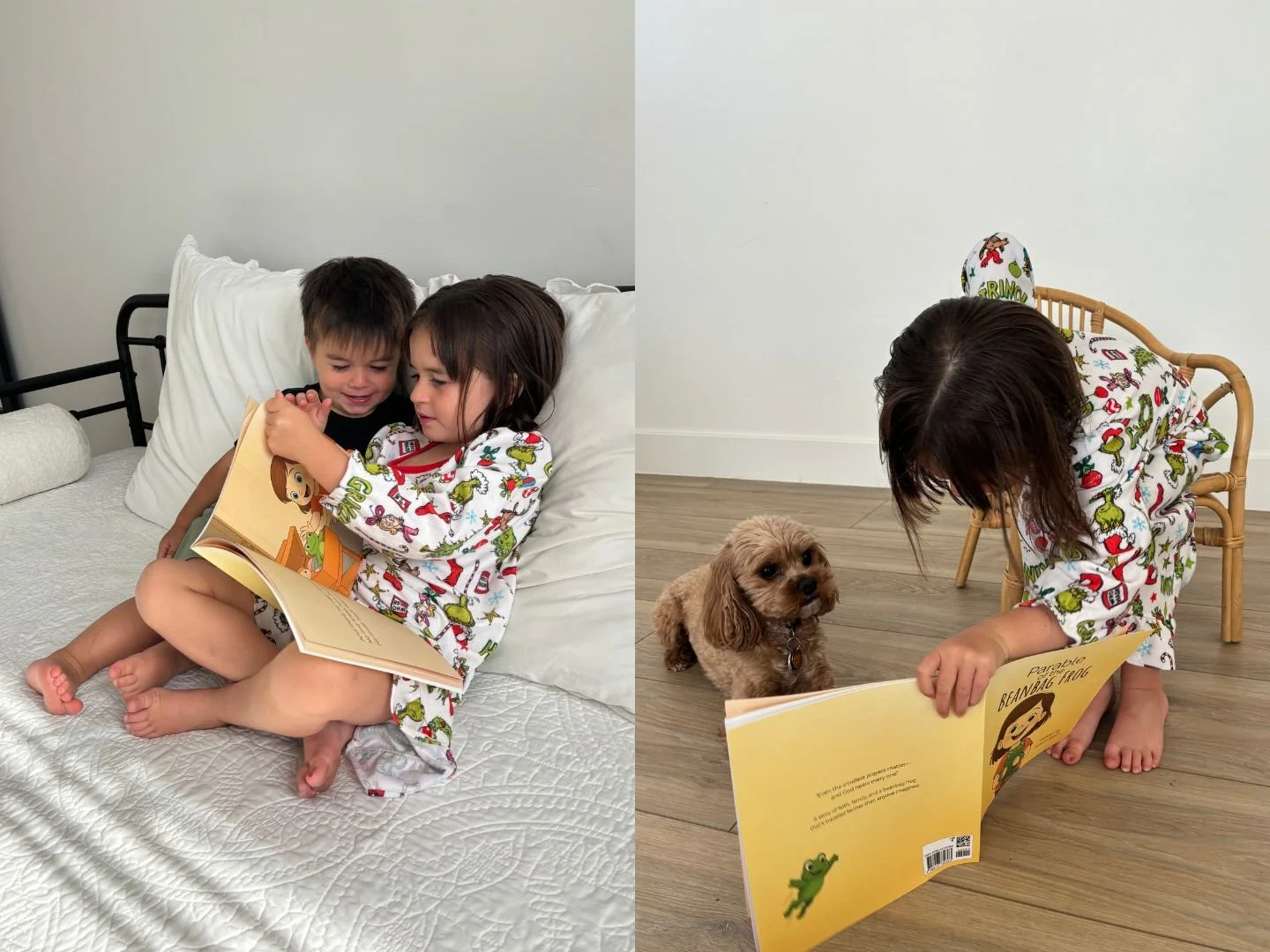 A young girl and a young boy reading a children's book together on a bed, with the girl holding the book and the boy sitting close to her, both wearing pajamas with colorful print. In the second part, the girl is kneeling on the floor looking at the book while a small dog sits nearby, and a wooden chair is behind her.