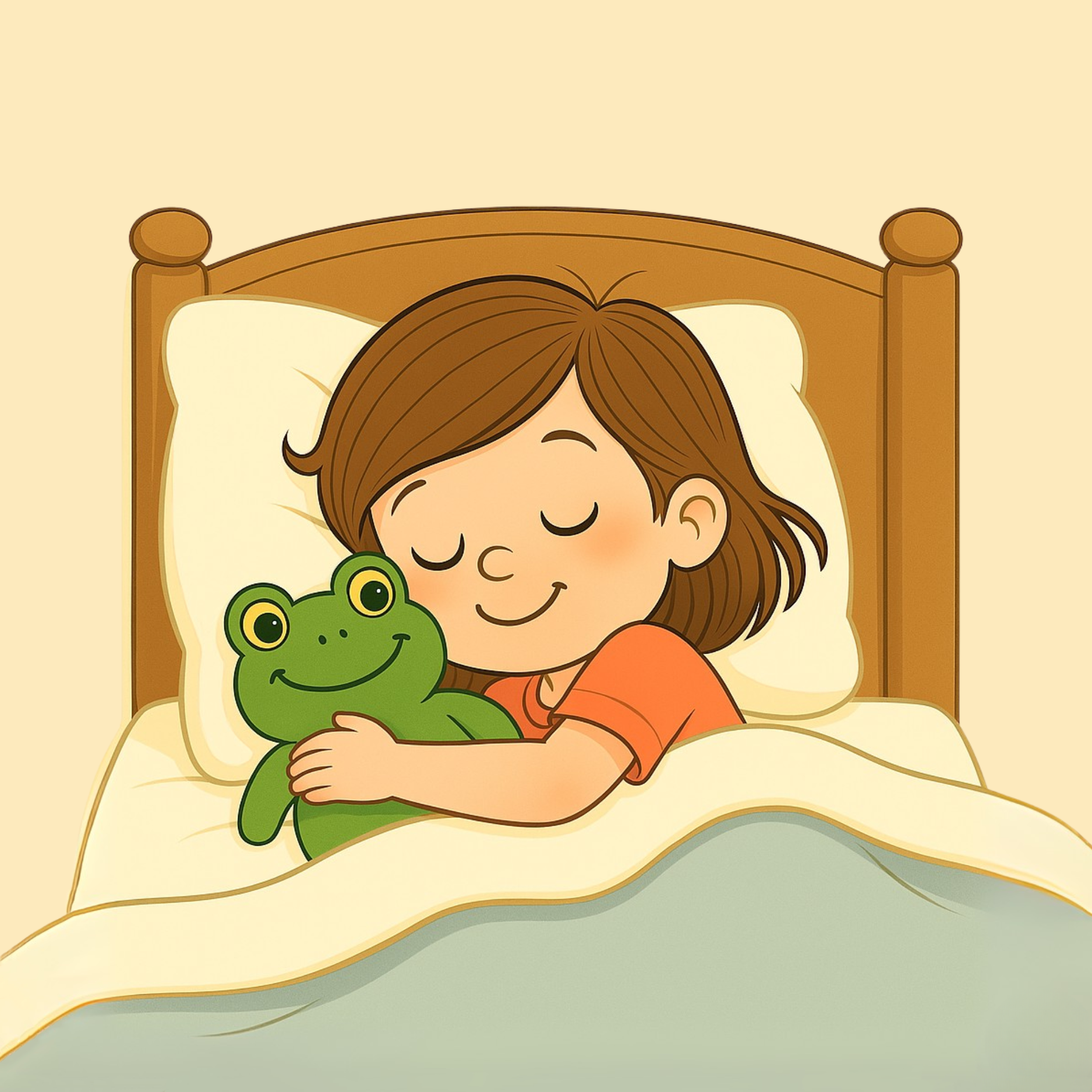 A girl with brown hair and closed eyes hugging a green stuffed frog while lying in bed with a wooden headboard and cream-colored pillows.