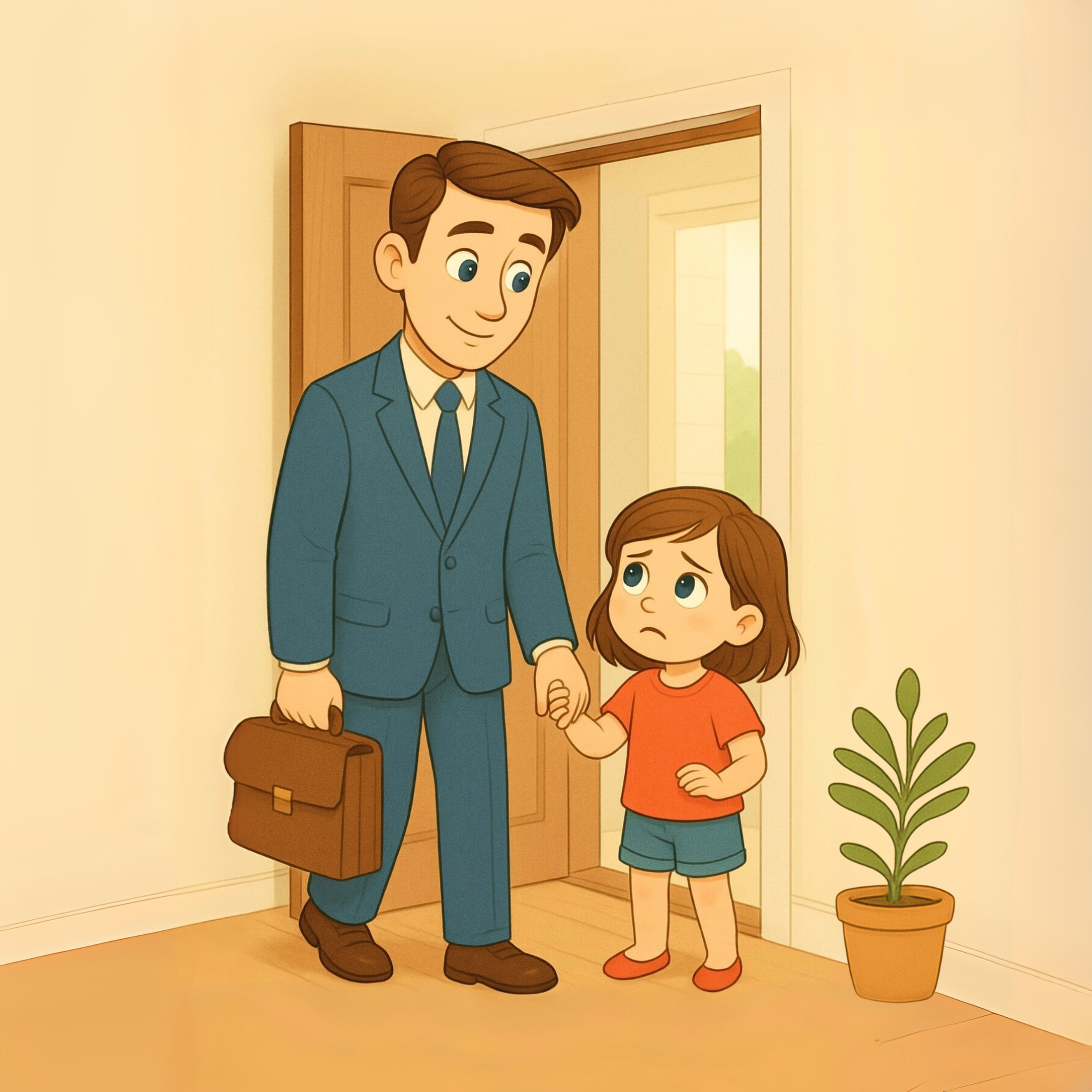 A man in a blue suit and a young girl in an orange shirt holding hands at the doorway of a home, with a potted plant nearby.
