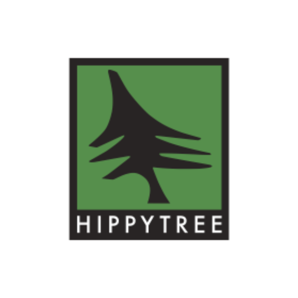 Logo with a black stylized tree inside a green square, and the word 'HIPPYTREE' below.