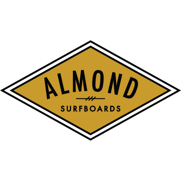 Bold logo with a diamond shape, gold background, black and white border, displaying the words 'Almond Surfboards' in black text.