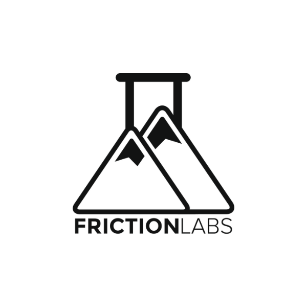 Logo for Friction Labs featuring two laboratory flasks with mountain peaks inside.