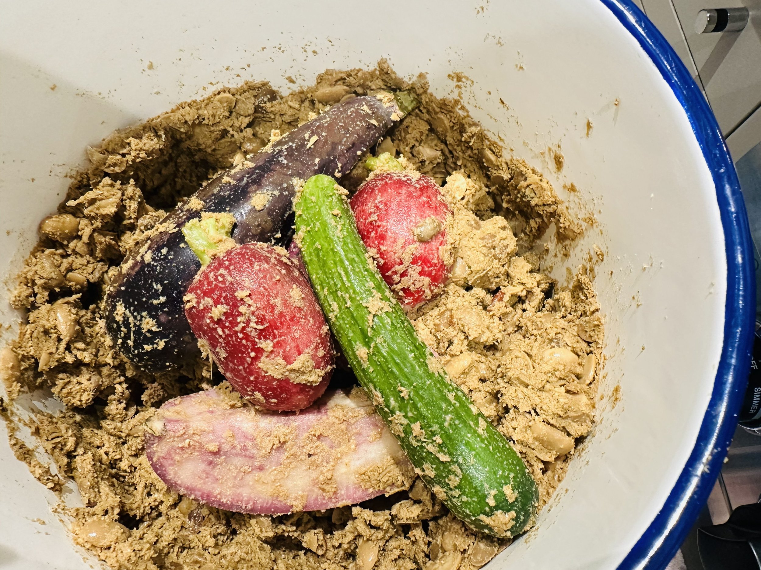 eggplant, radish, cucumber daikon in a nukadoko mixture