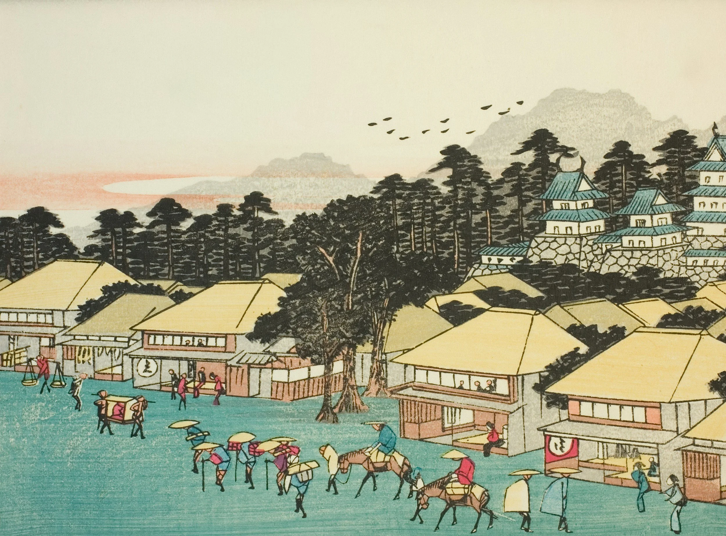 Black print from Edo period Japan, of a village, people walking and trees