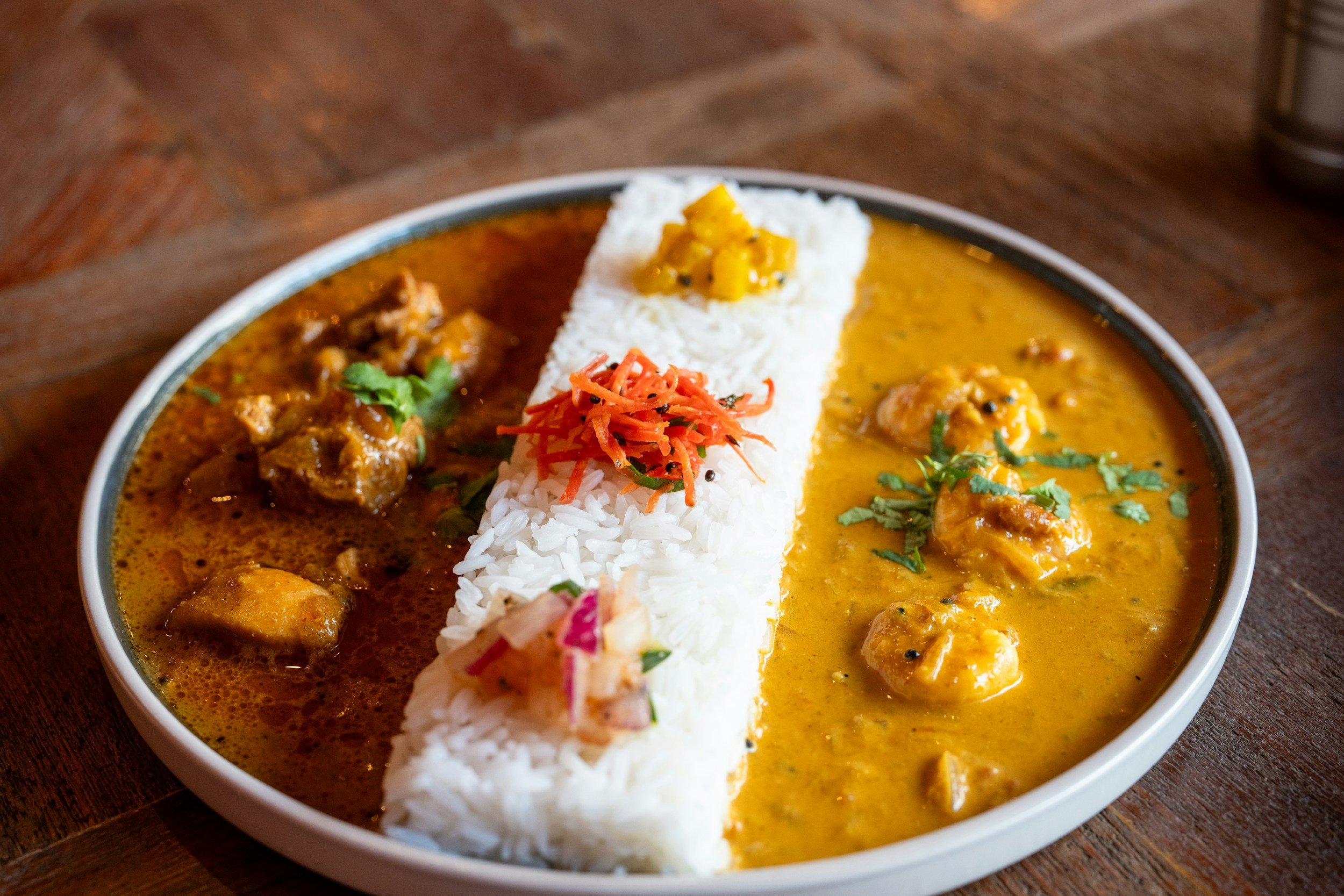 2 types of curry in a single bowl, seperated by a line of rice