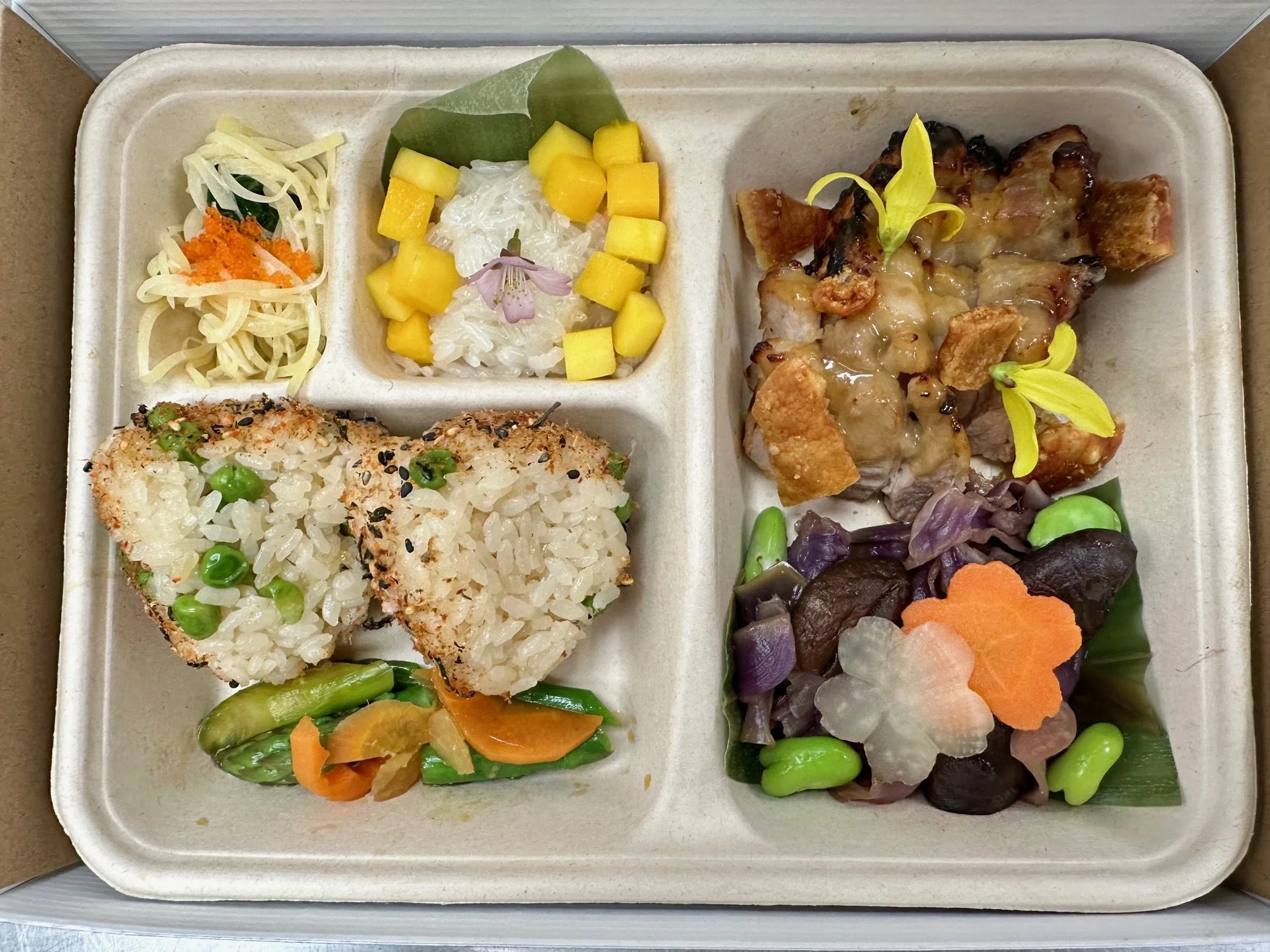 A bento box with Japanese-style food including rice balls, sliced vegetables, salad, pickled vegetables, grilled meat with sauce, and decorative edible flowers.