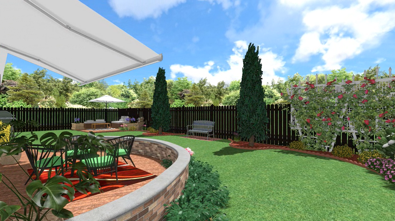 Rendering of side yard garden with patio dining area featuring evergreens, flowering hedges, and open lawn.