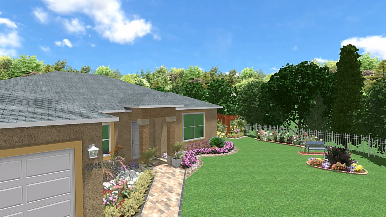 Rendering of front yard design with pathway, flowering borders, and open lawn.