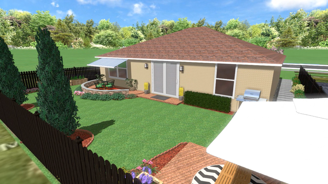 Rendering of backyard, designed for simple pleasures — space to relax, gather, and enjoy the outdoors every day.”