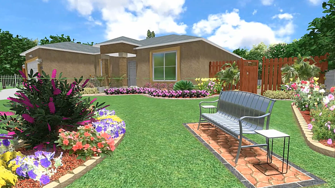 Rendering of front yard garden with a sitting area surrounded by colorful flower beds.