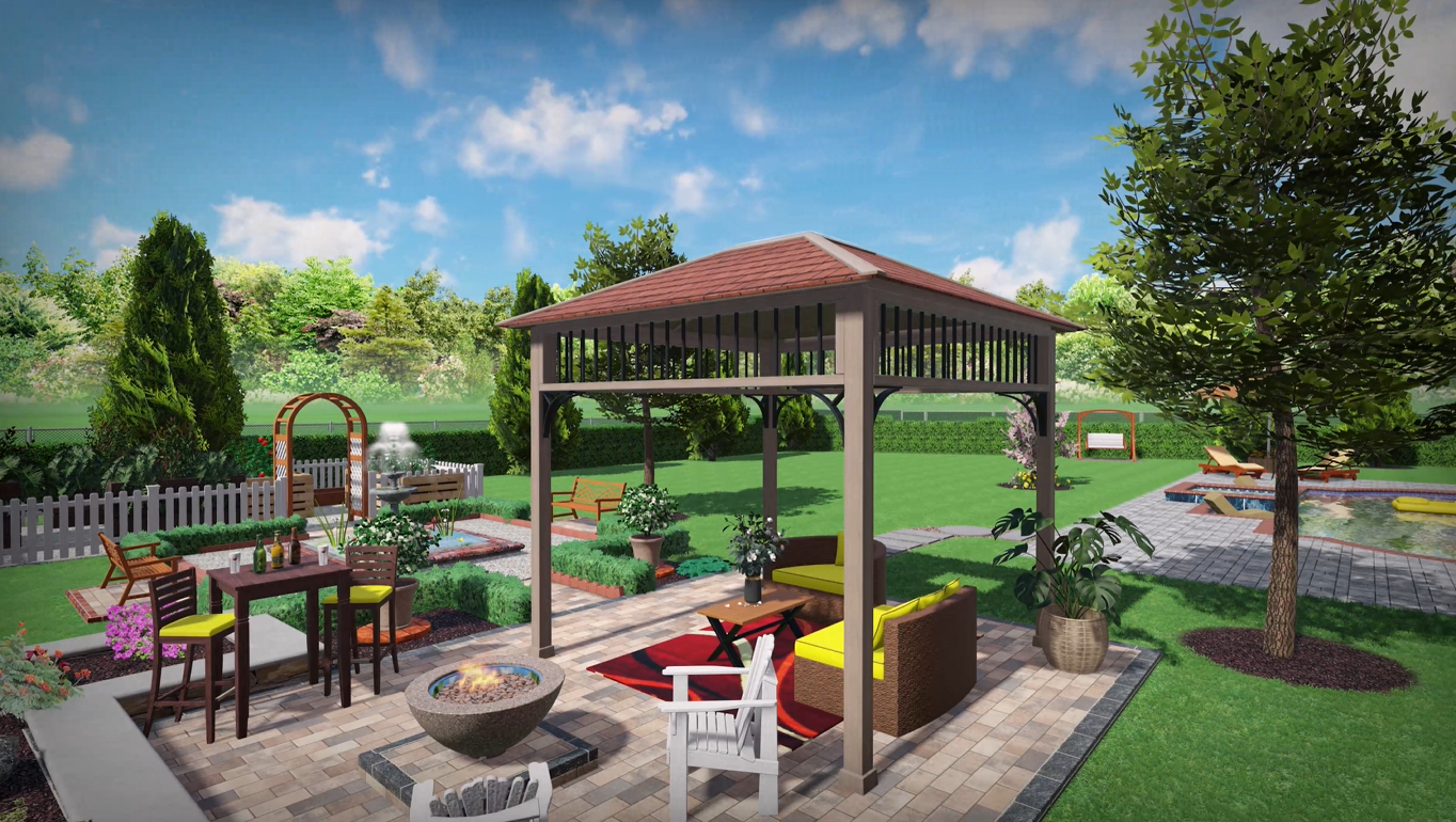 Rendering of landscaped patio featuring a gazebo, fire pit, and colorful plantings.