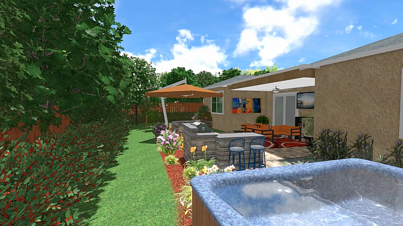 Rendering of a relaxing jacuzzi view of the outdoor kitchen and patio, designed for comfort and entertaining.
