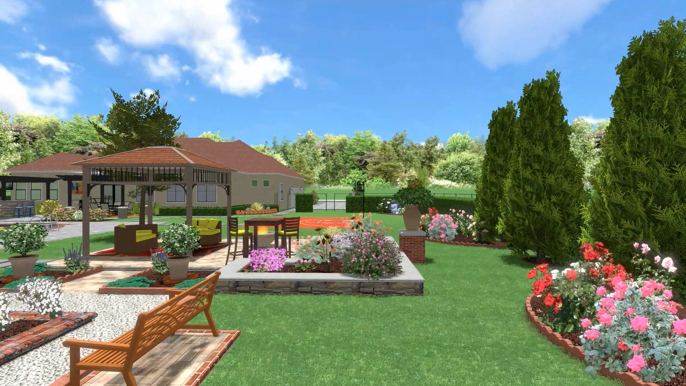 Rendering of backyard garden with colorful flower beds and structured greenery.