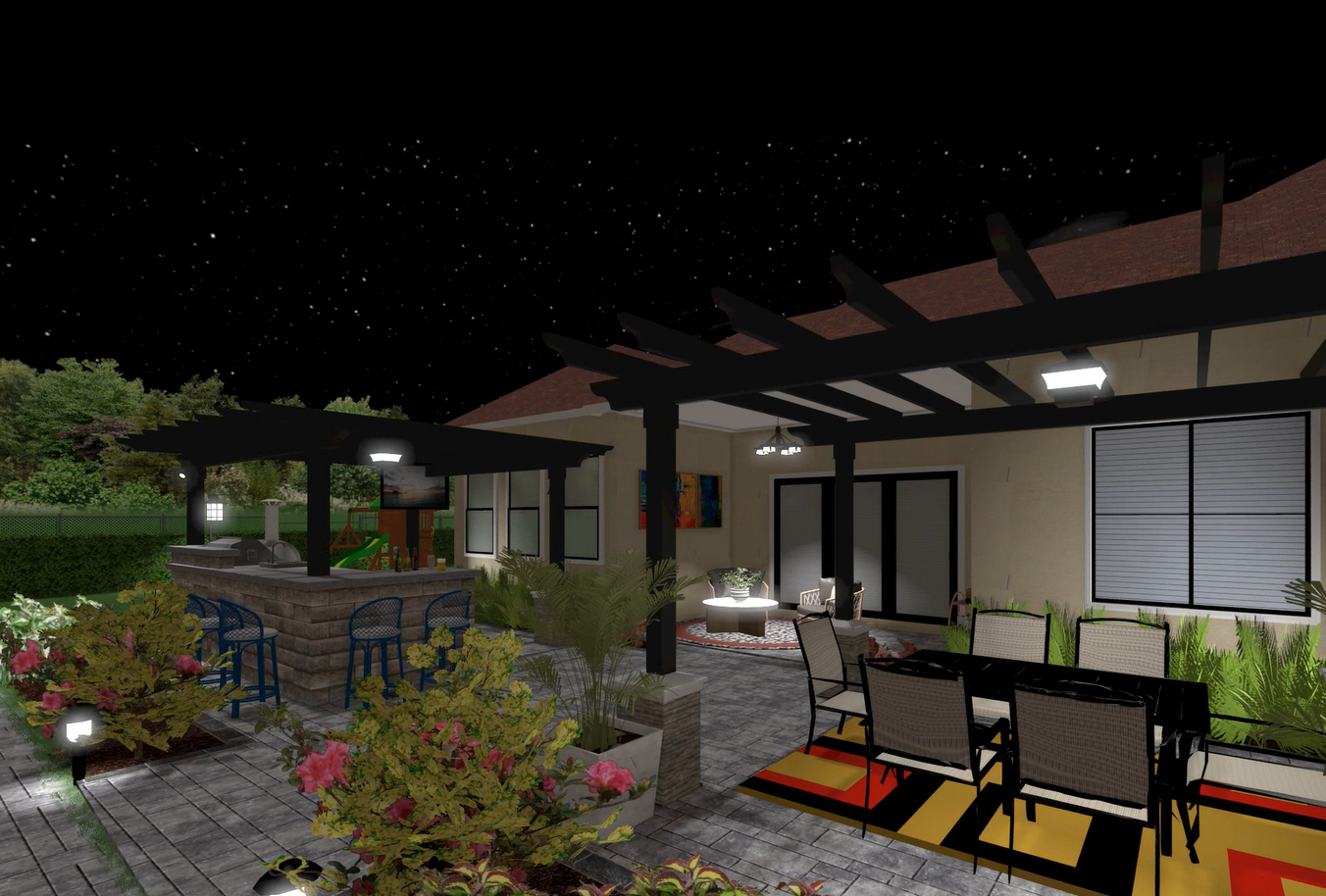 Rendering of patio dining area with illuminated pergola for nighttime gatherings