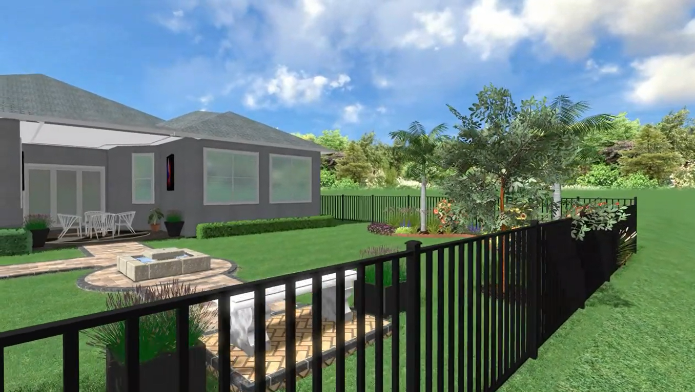 Rendering of a peaceful backyard view with a cozy bench surrounded by colorful flowers and greenery.”