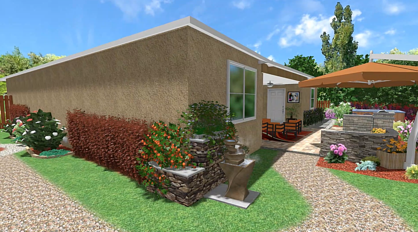 Rendering of landscaped backyard featuring an outdoor kitchen and shaded seating.