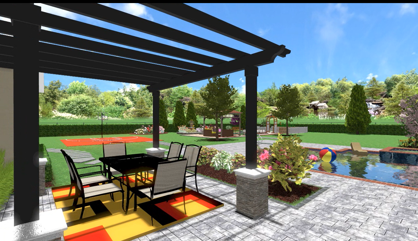 Rendering of shaded patio dining area overlooking garden and pool.