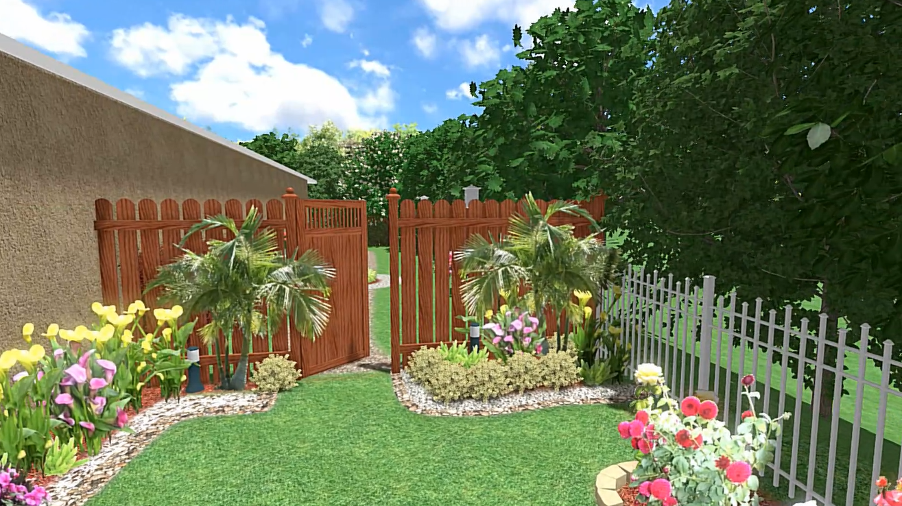 Rendering of side yard design with palms, colorful blooms, and a warm garden gate leading into the backyard.”