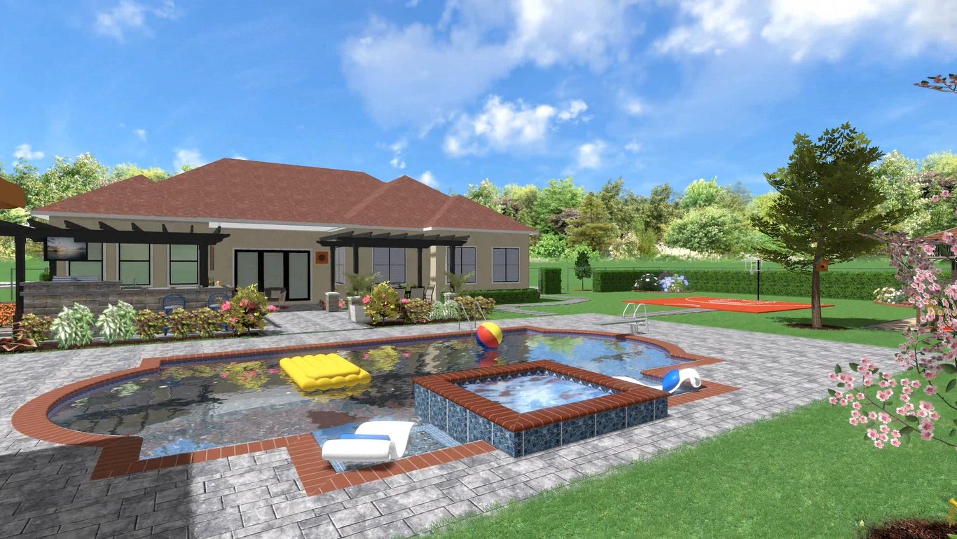 Rendering of landscaped poolside view featuring seating, greenery, and water features.