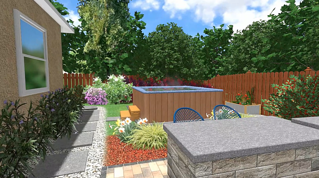 Rendering of landscaped backyard featuring an outdoor kitchen and jacuzzi retreat.
