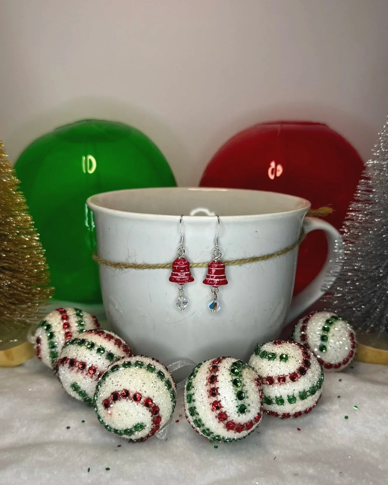 Czech Glass Red Bell Earrings – Silver Striped, 2-Inch Holiday Dangles