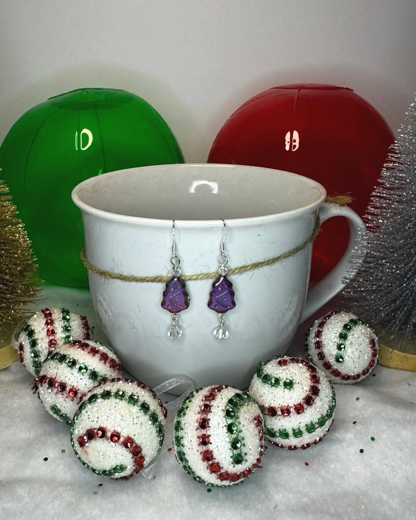 Czech Glass Metallic Rainbow Mini Christmas Tree Earrings – Silver Accents, 2-Inch Holiday Dangles