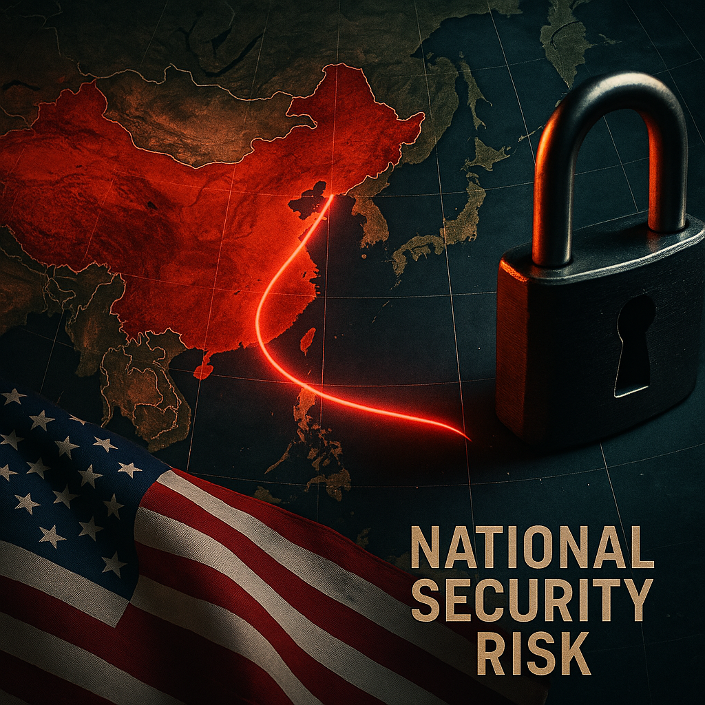 A map of Asia with China highlighted in red, a red illuminated line tracing from China to the United States, a large padlock symbol, and an American flag in the foreground, with the words 'National Security Risk'.