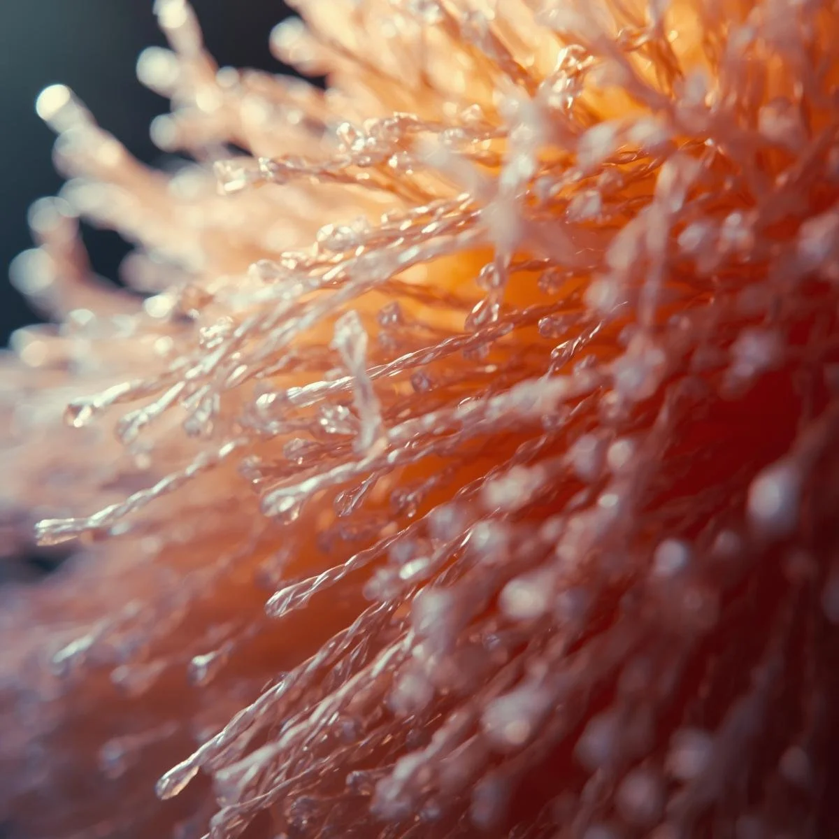 Close-up of water splashing and creating droplets on a textured orange surface